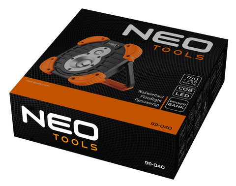 NEO TOOLS 99-040 Akkus reflektor, talpas, tölthető, 750 + 250lum COB LED, powerbank funkció, 10W