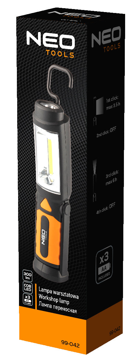 NEO TOOLS 99-042 Műhelylámpa, elemes 3xAA, 300 lum COB led, 2az1-ben
